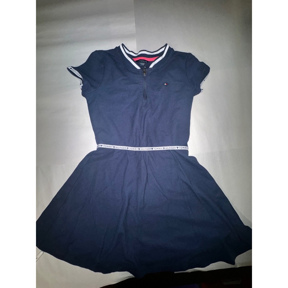 Tommy Hilfiger Girls Navy Blue Quarter Zip Polo Dress Logo Tape Size M 8-10